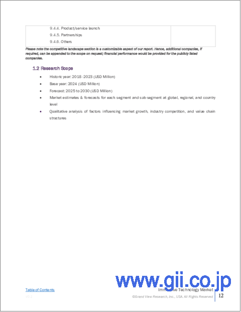 サンプル2:イマーシブテクノロジーの市場規模、シェア、動向分析レポート:コンポーネント別、テクノロジータイプ別、用途別、産業別、地域別、セグメント予測、2025年~2030年