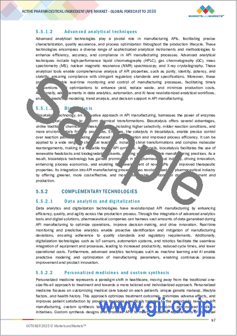 サンプル1:原薬(API)の世界市場:タイプ別、力価別、合成タイプ別、薬剤タイプ別、治療用途別、エンドユーザー別、地域別 - 2030年までの予測